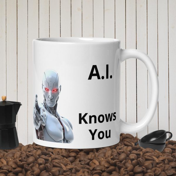 White glossy mug with A.I. Knows You slogan